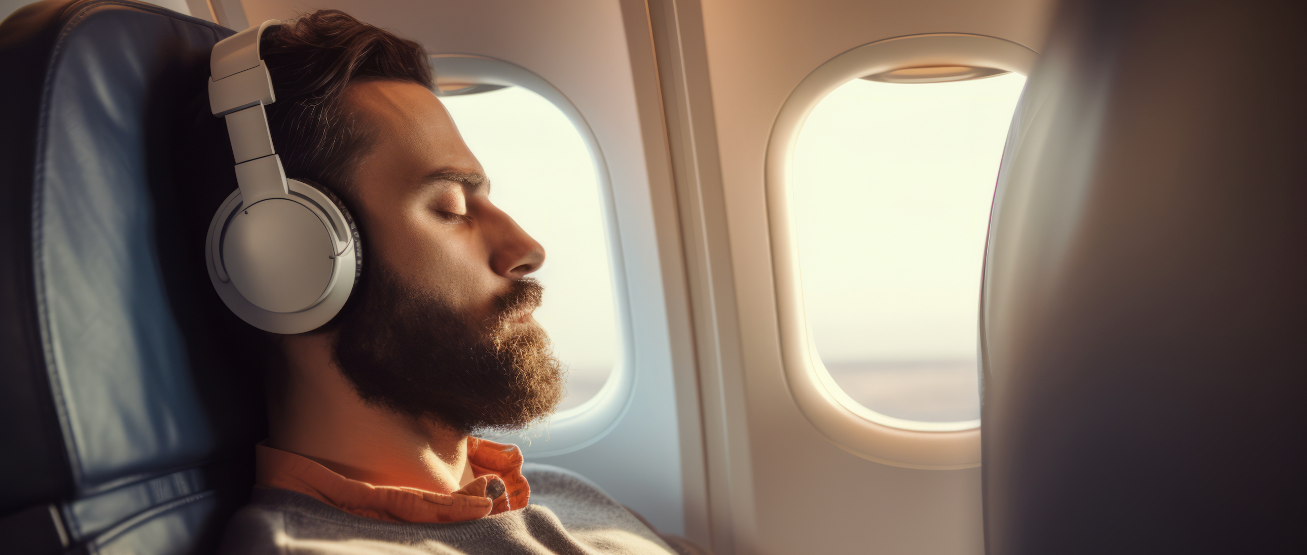 Man sleeping on a plane while wearing headphones