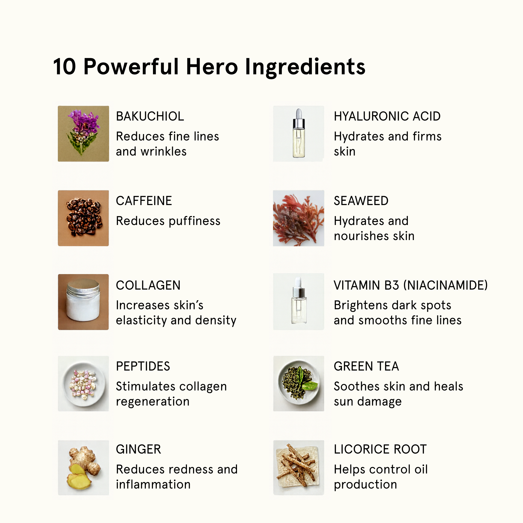 List of 10 powerful hero ingredients with corresponding images and descriptions on a white background.