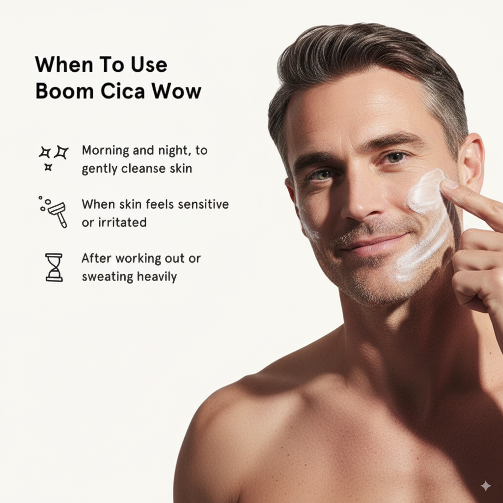 Man applying cleanser to his face with text on how to use 'Boom Cica Wow' product.