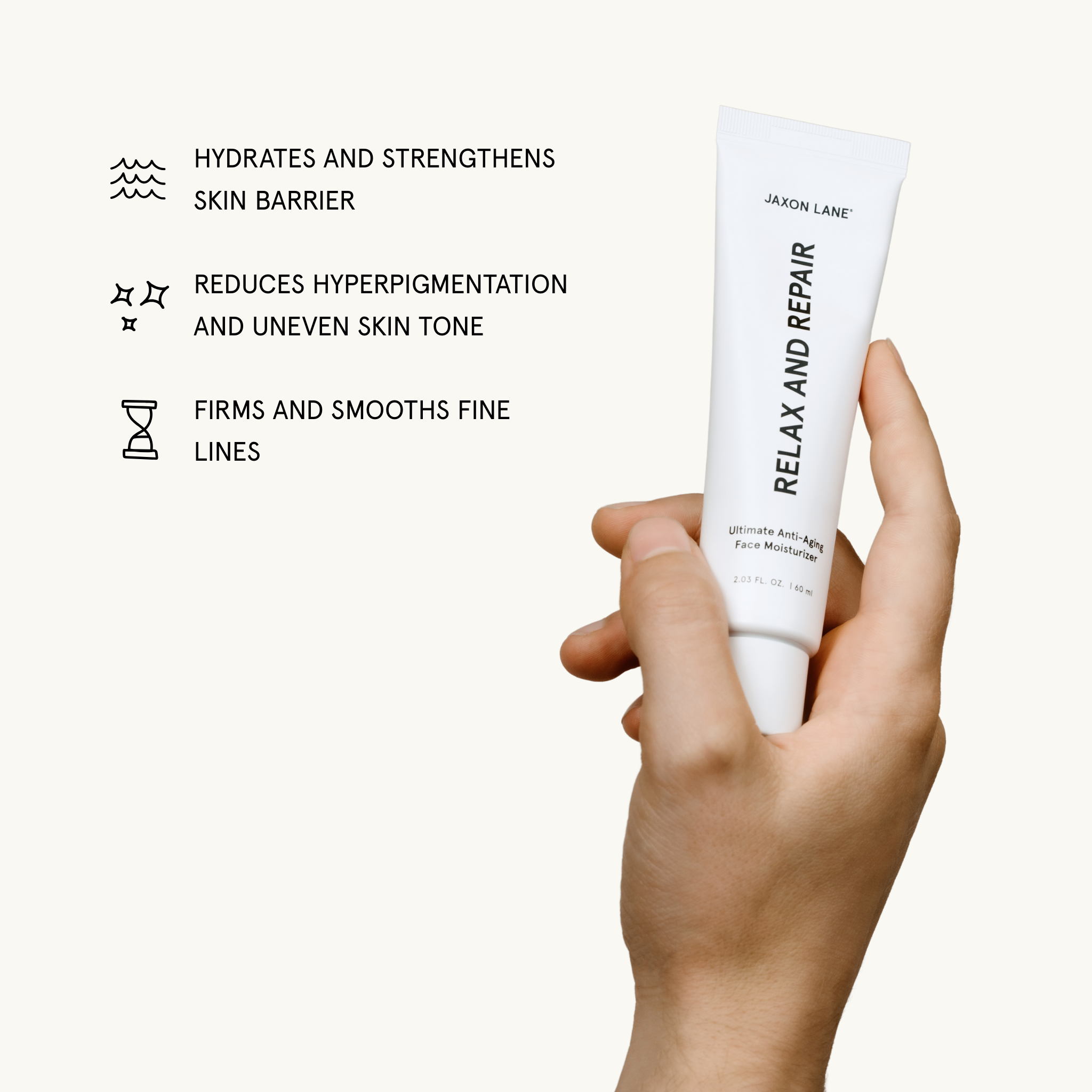 Hand holding a tube of Jaxson Lane skincare product with text about its benefits on a white background
