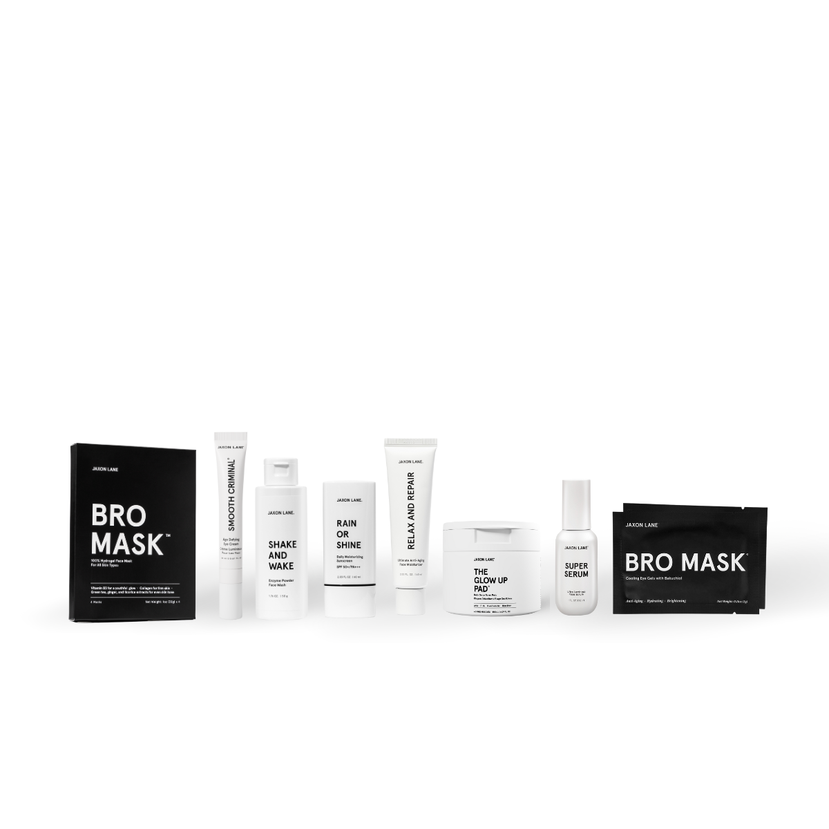 Collection of skincare products with 'Bro Mask' branding on a white background