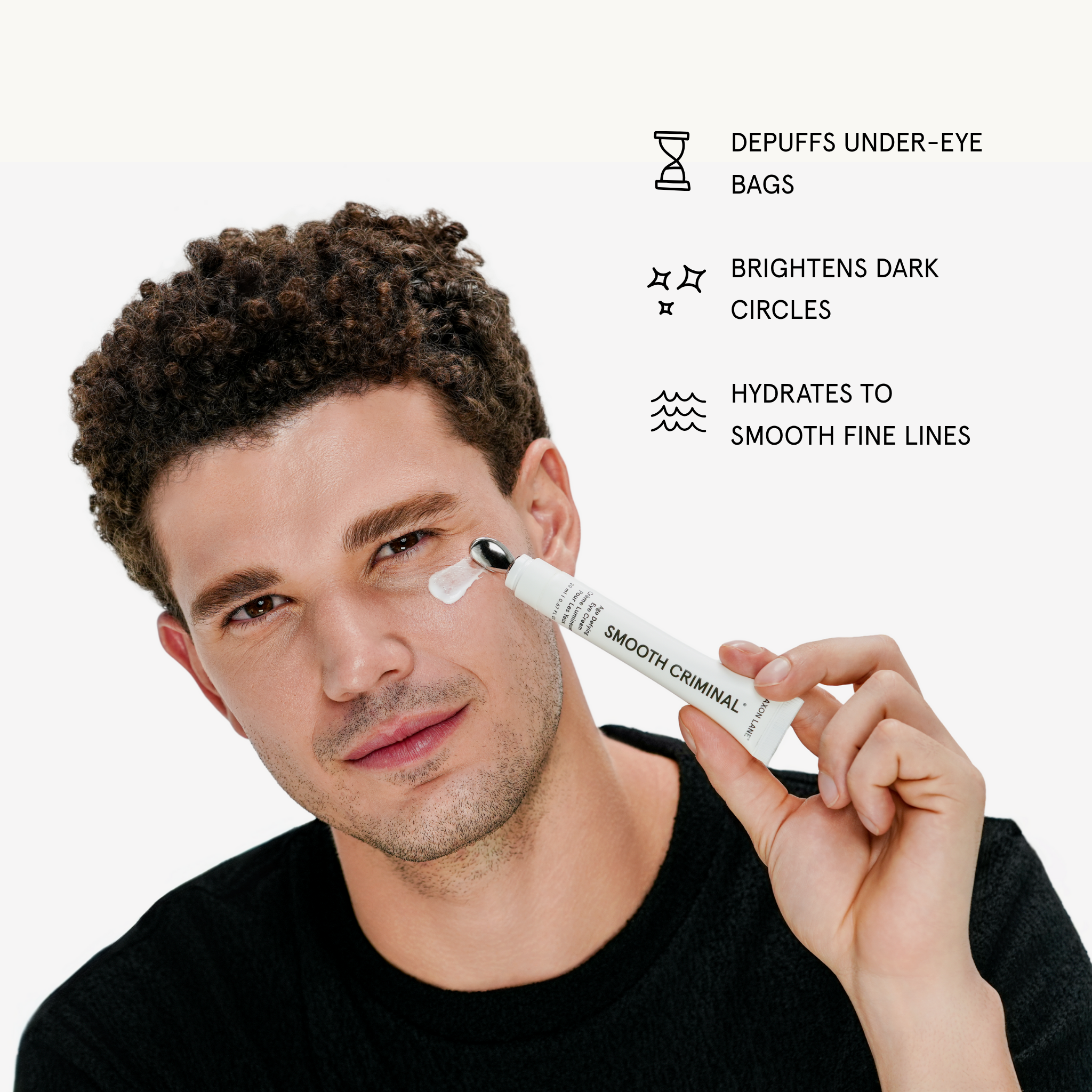 Man applying eye cream with text highlighting product benefits on a white background