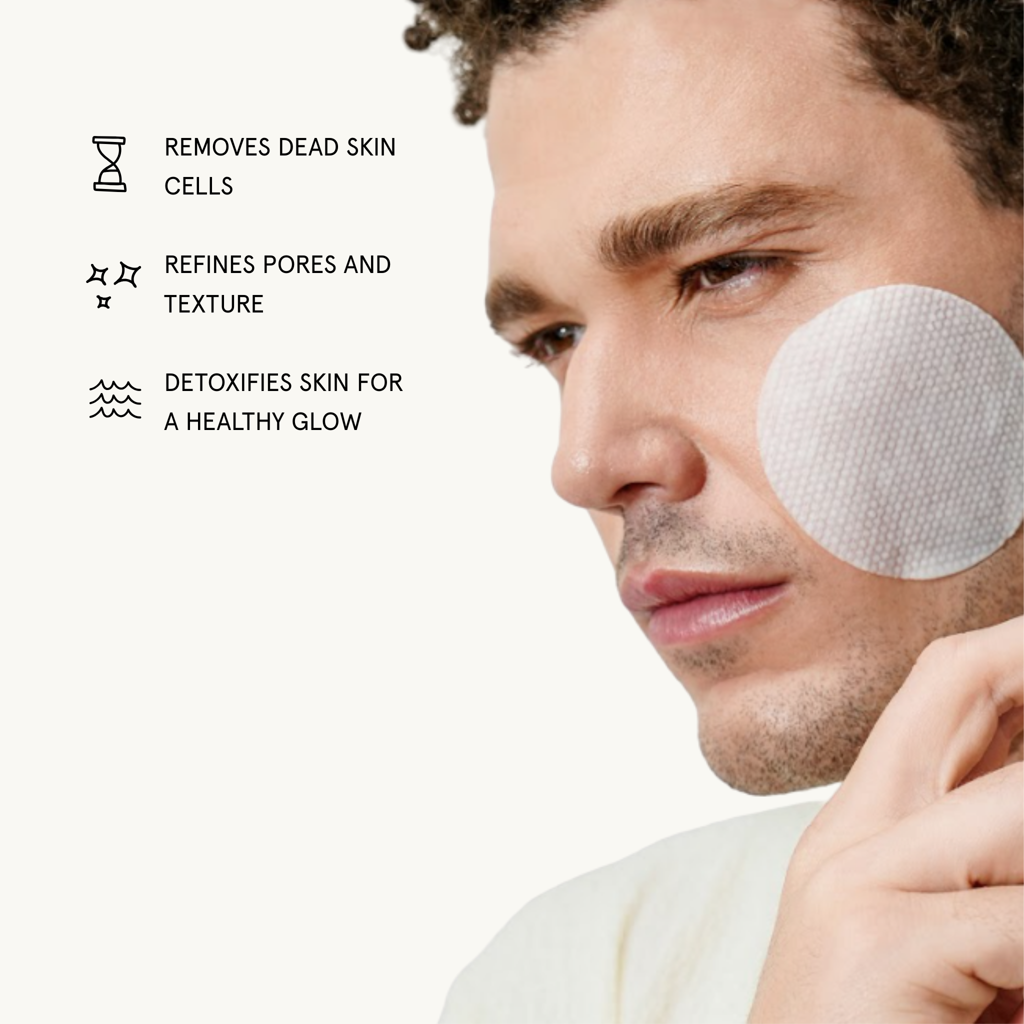 Man applying a glow up pad toner pad with text highlighting benefits on a white background
