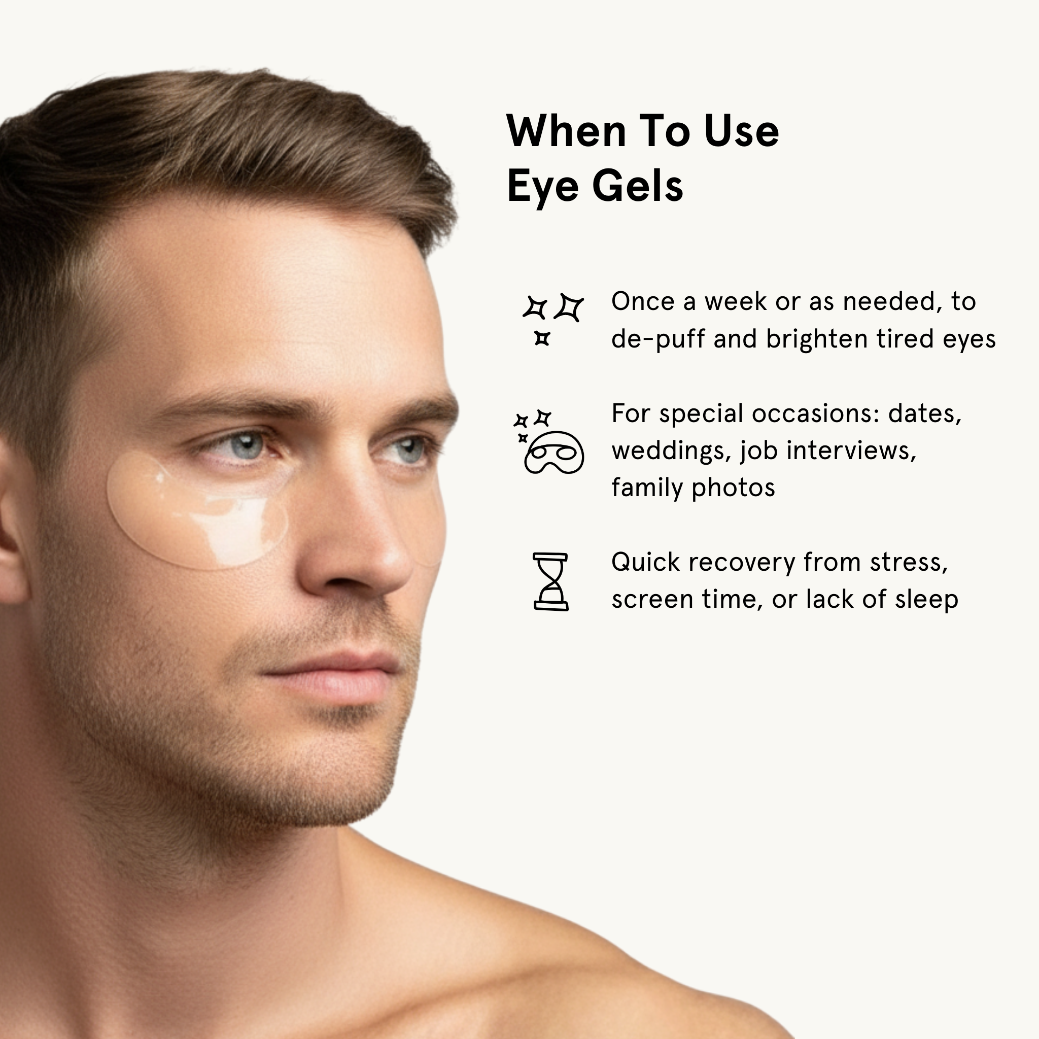 Man with bro mask eye gels applied, showing usage instructions on a white background