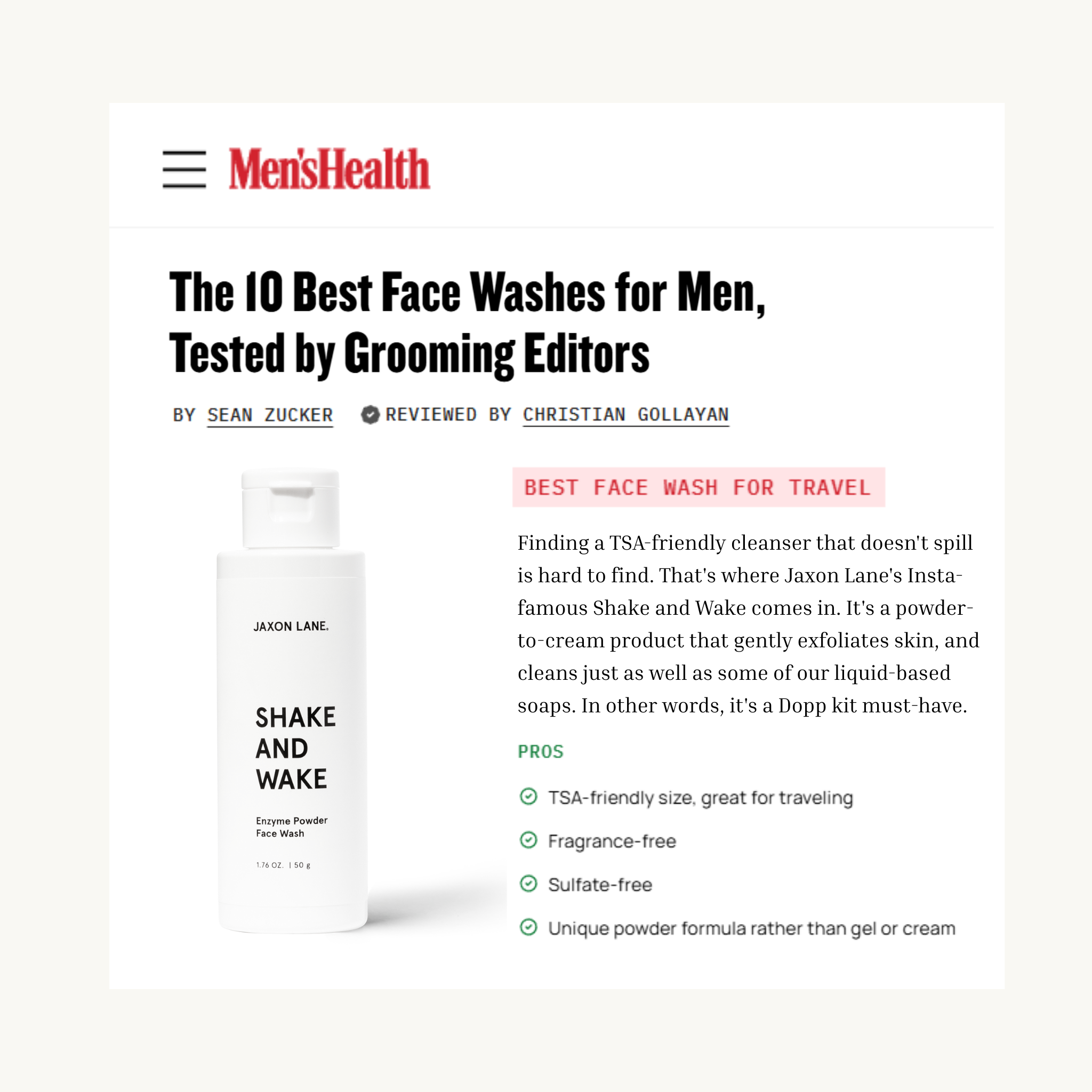 Men's Health article about the 10 best face washes for men, featuring Jaxon Lane product.