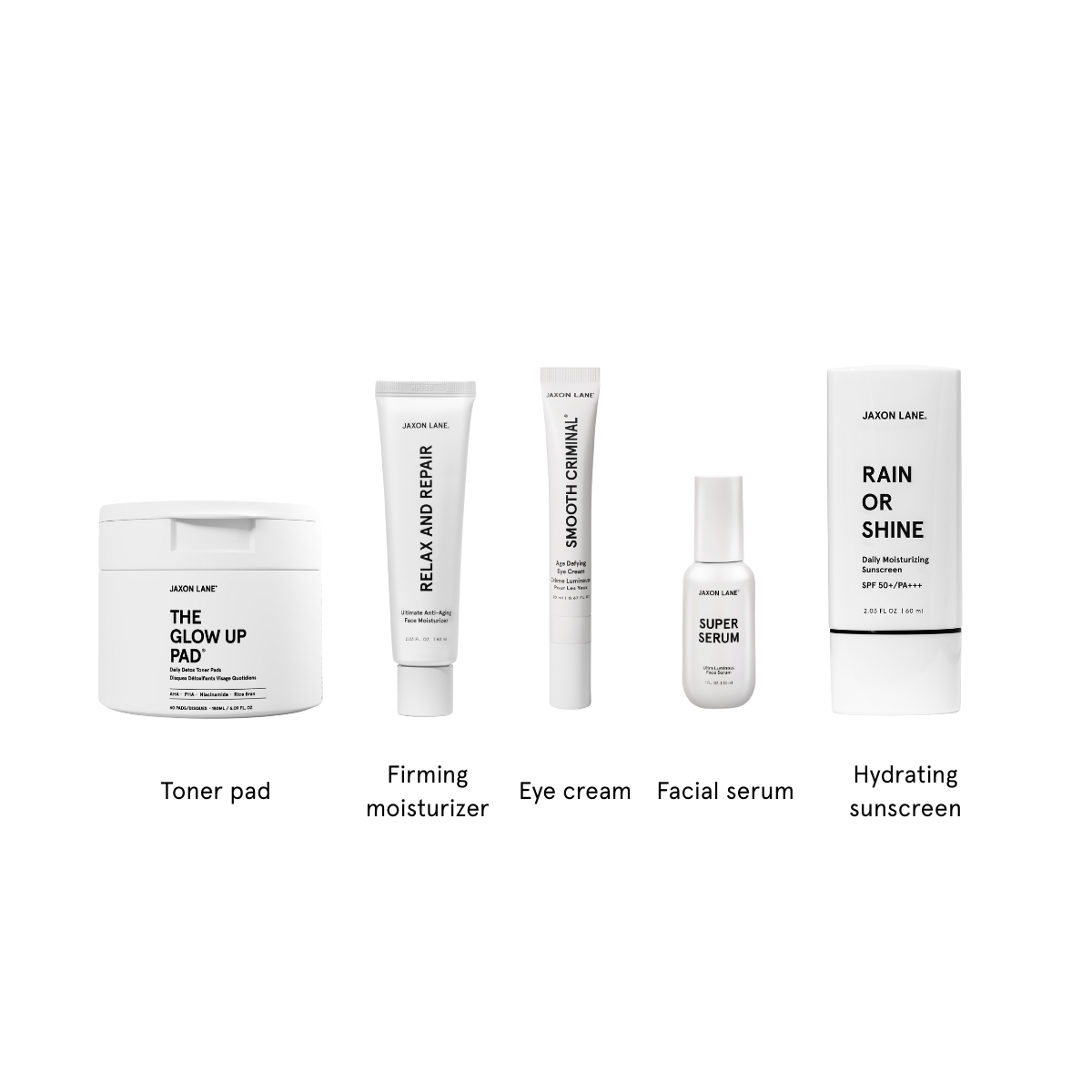 Collection of skincare products with labels on a white background