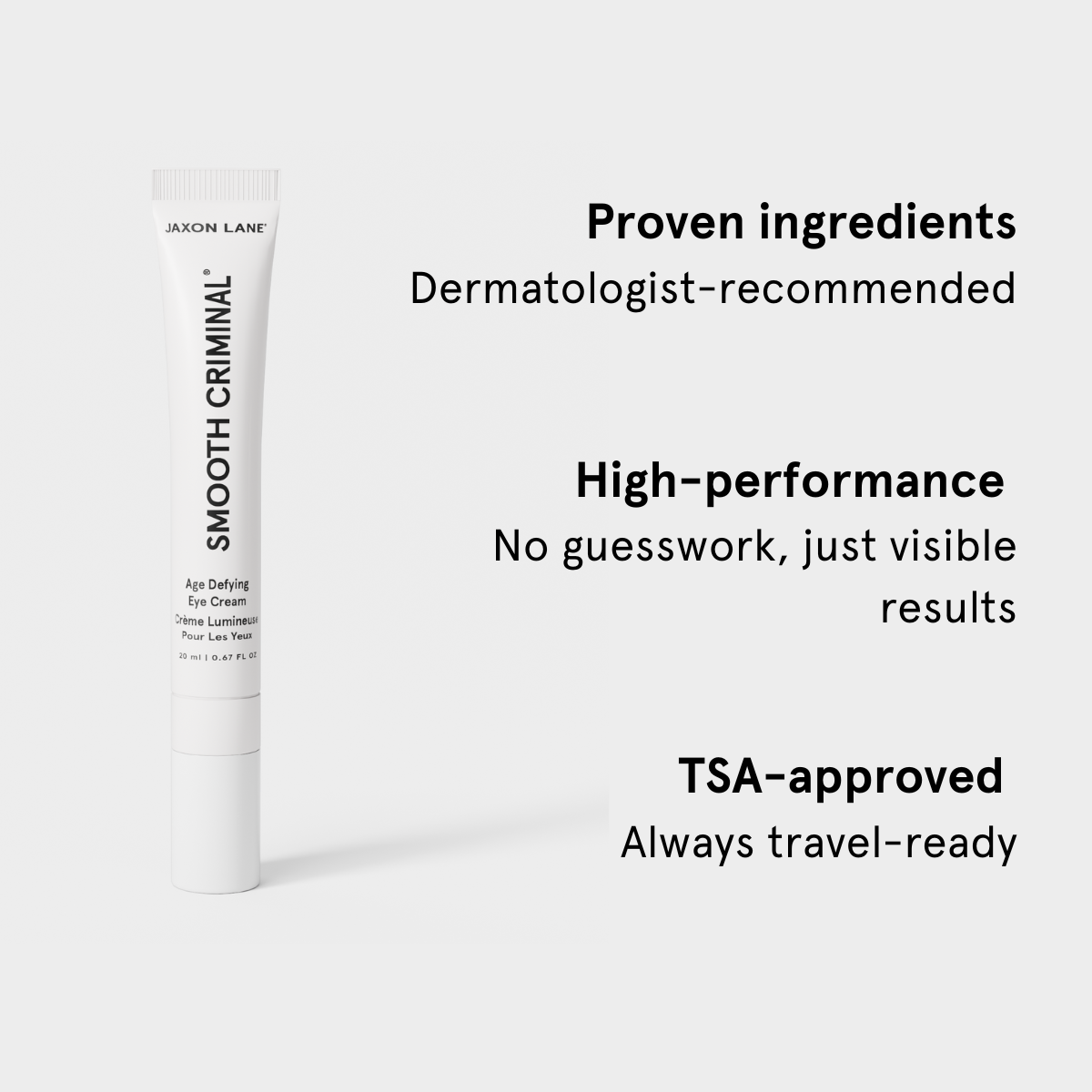 Tube of Smooth Criminal eye cream with text highlighting features on a white background