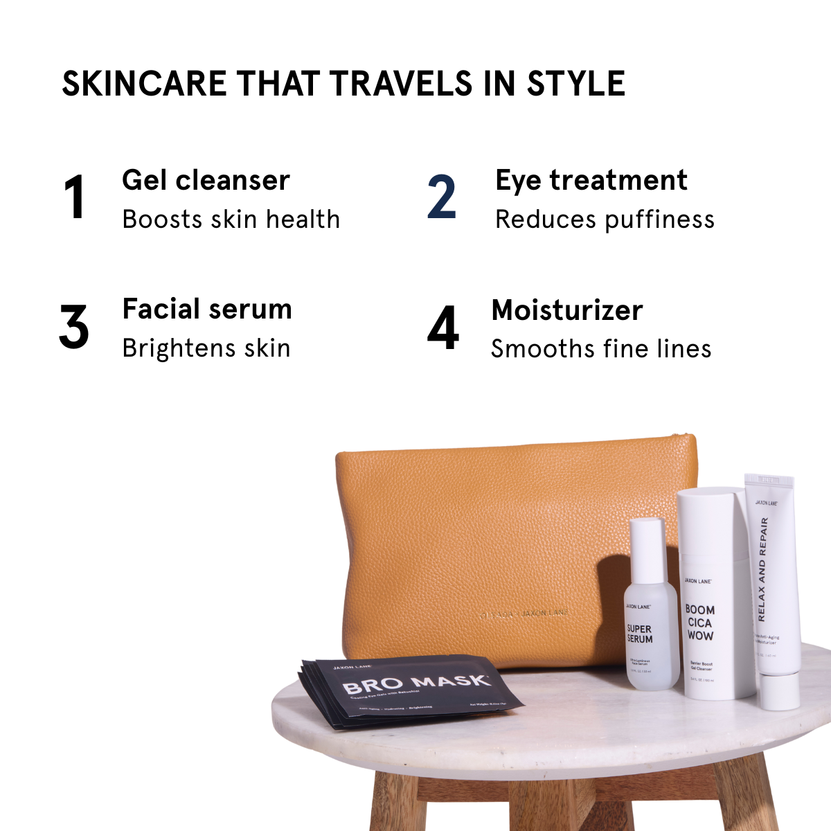 Skincare products with a brown pouch on a white background, featuring text about skincare benefits.