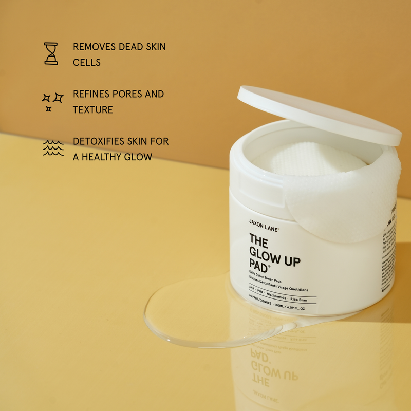 JASON LANE 'The Glow Up' pad on a yellow background with text about its benefits.