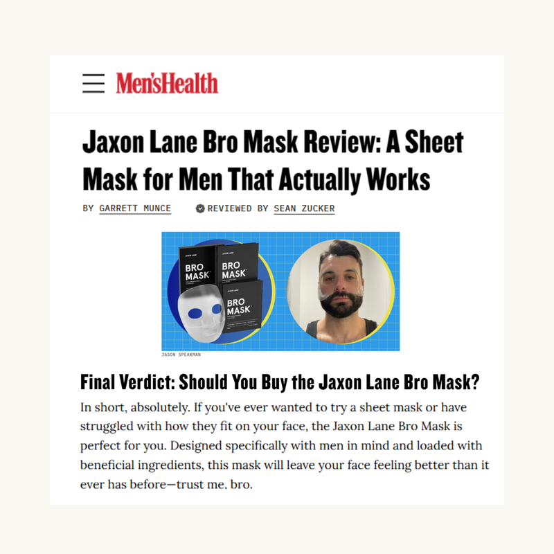 Men's Health article about Jaxon Lane Bro Mask review with product images and a man's face.