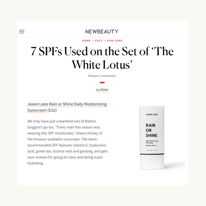 NewBeauty article about sunscreens used on 'The White Lotus' set with a Jaxon Lane sunscreen bottle.