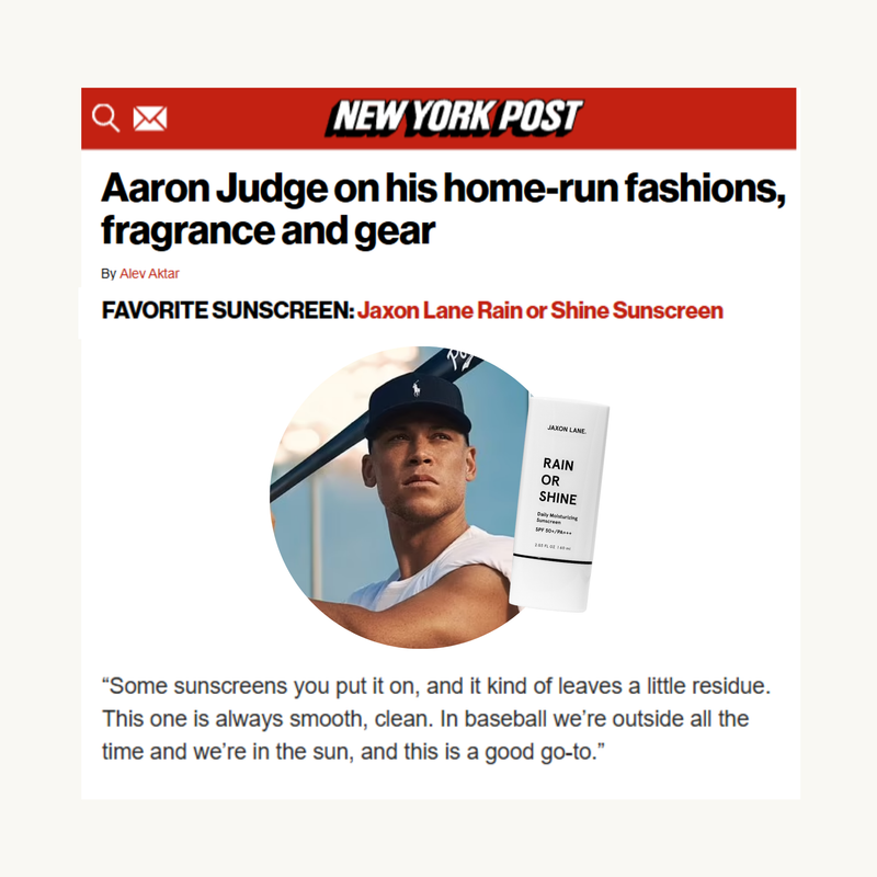 New York Post article about Aaron Judge featuring a Jaxon Lane sunscreen product.