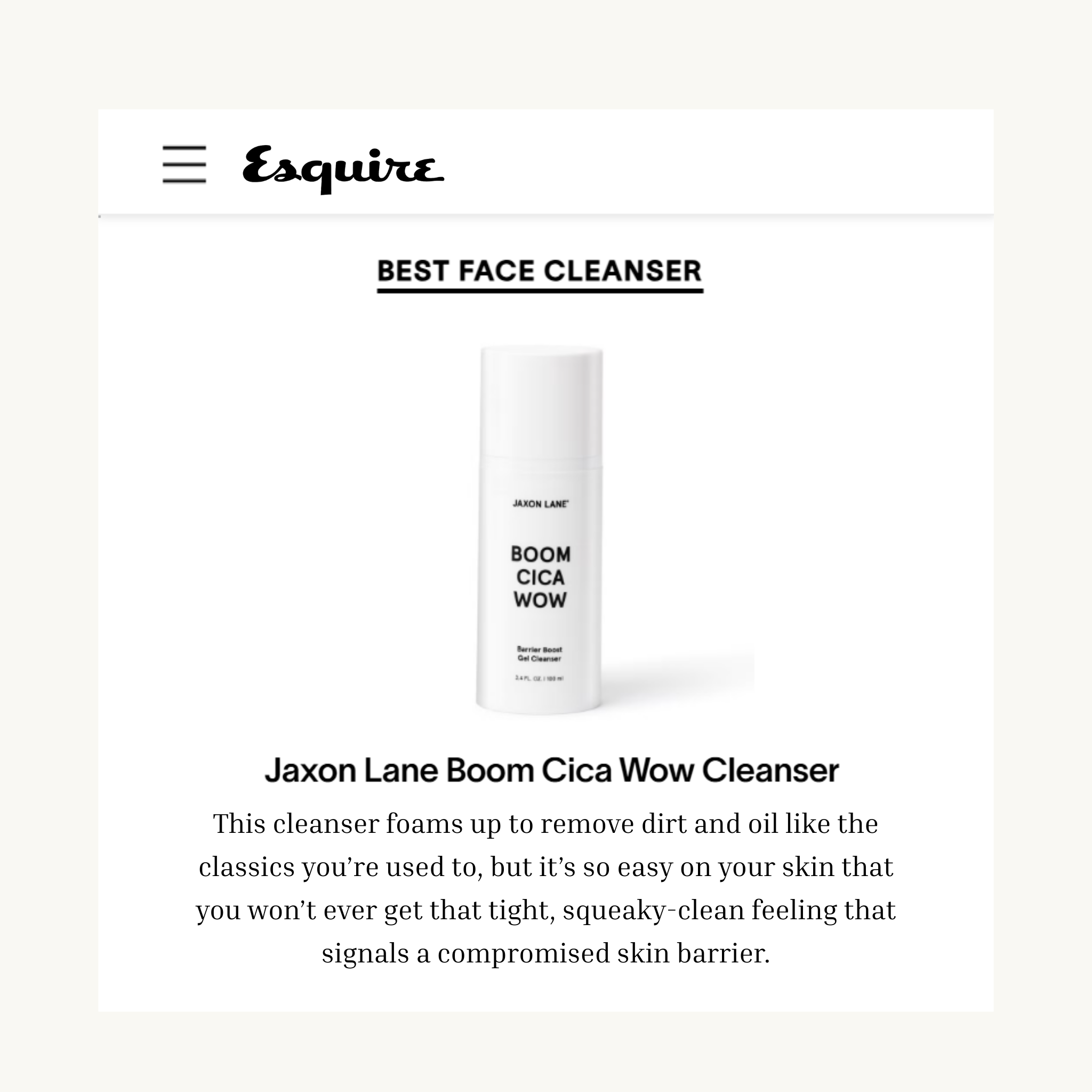 Jaxon Lane Boom Cica Wow Cleanser with Esquire Best Face Cleanser award on a white background
