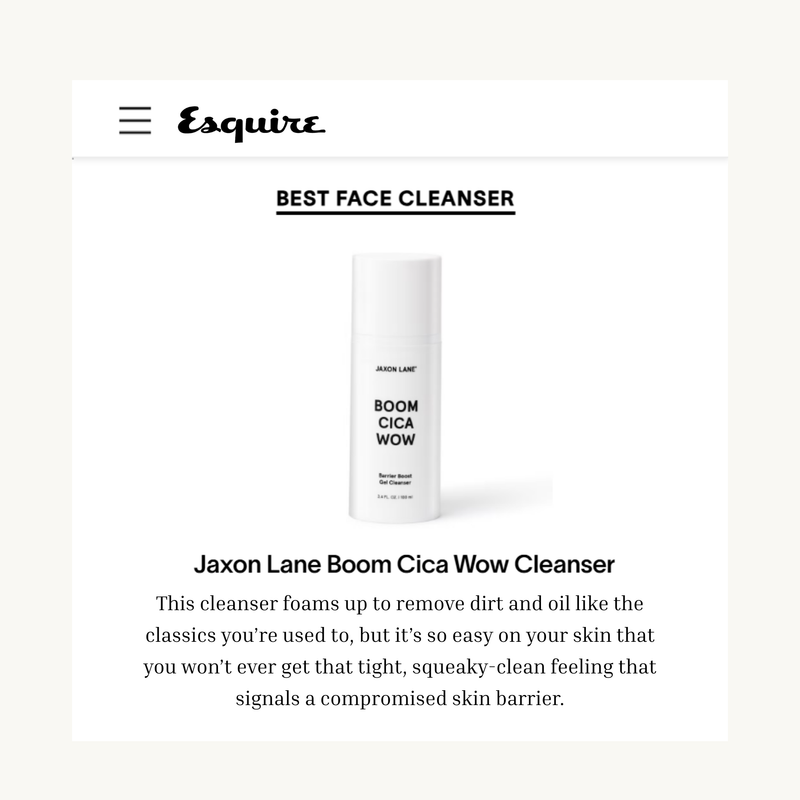 Jaxon Lane Boom Cica Wow Cleanser with Esquire Best Face Cleanser award on a white background