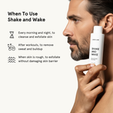 Product View 6 Man holding a 'Shake and Wake' product with usage instructions on a white background