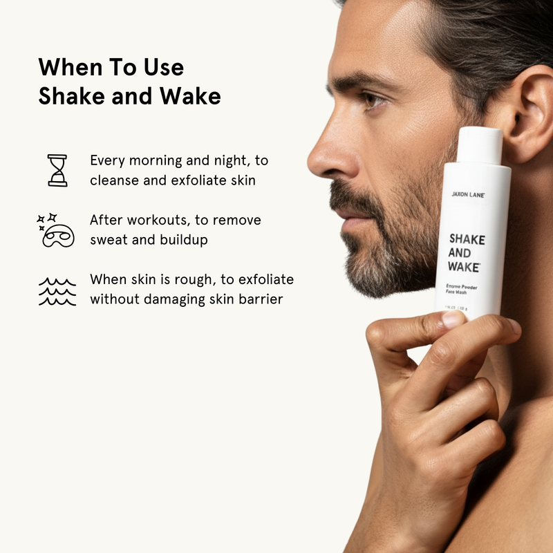 Man holding a 'Shake and Wake' product with usage instructions on a white background