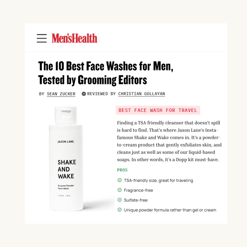 Men's Health article about the 10 best face washes for men, featuring Jaxon Lane product.