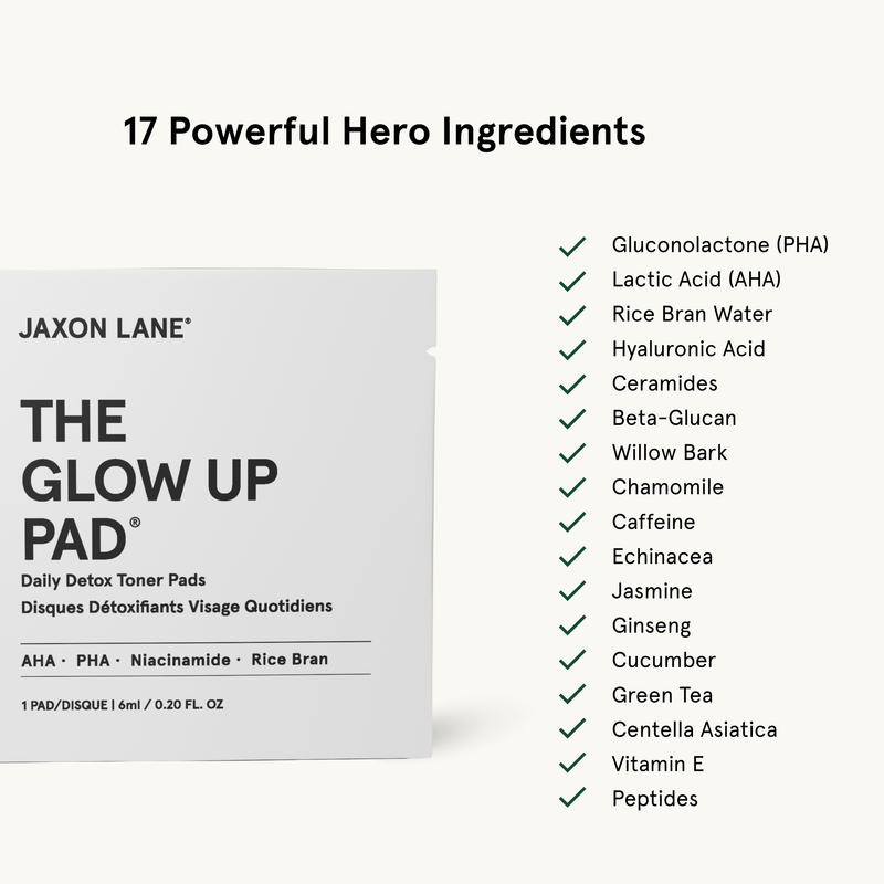 Jaxon Lane The Glow Up Pad with list of ingredients on a white background