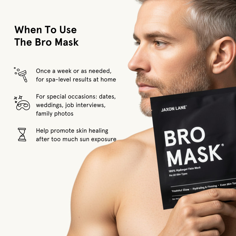 Man holding a Jaxon Lane Bro Mask with usage instructions on a white background
