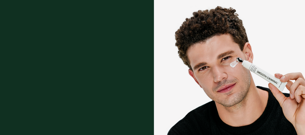 Man holding a skincare product with a green sidebar